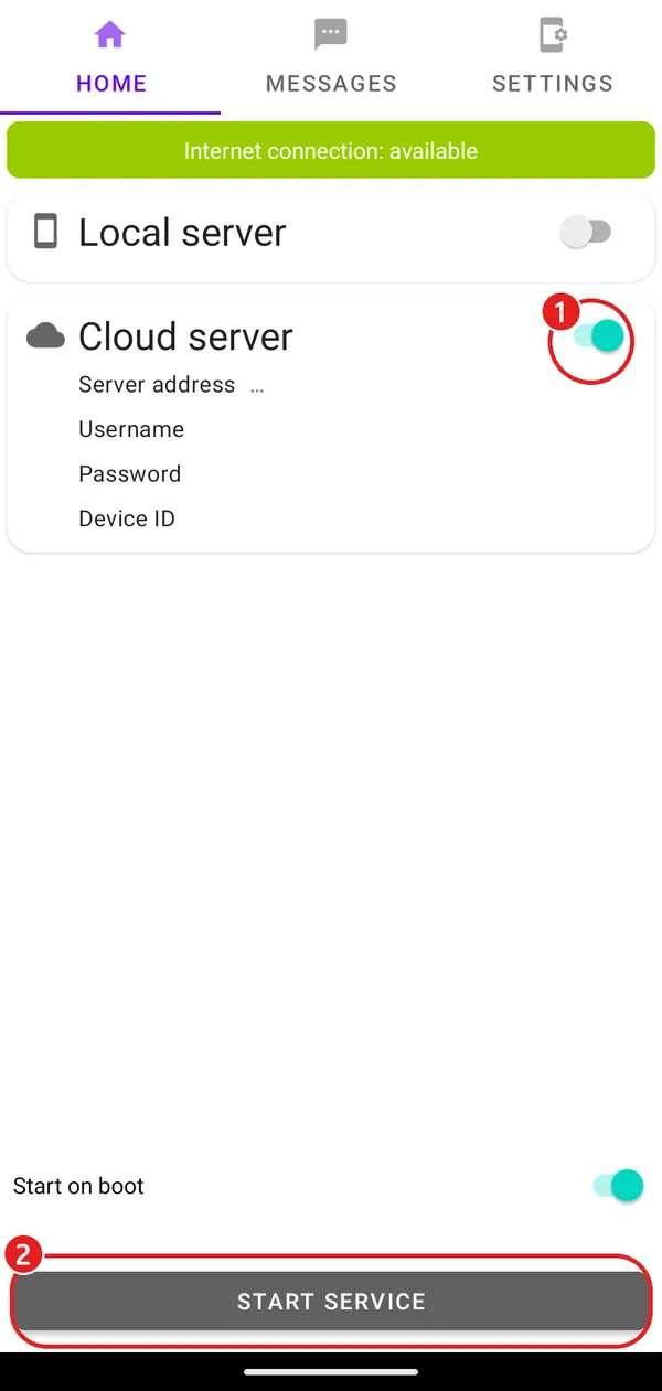 Cloud server 스위치에 빨간 동그라미 1, START SERVICE 단추에 빨간 동그라미 2