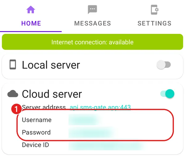 Cloud server 칸의 Username과 Password에 빨간 동그라미, 값은 흐리게 가림